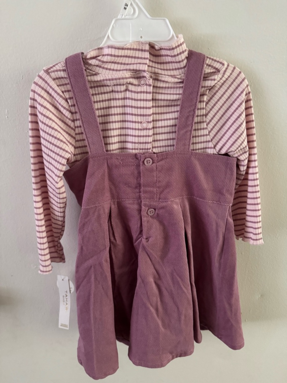 Tahari Baby Mauve Pinafore Dress with Striped Top - Picture 2 of 5